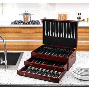 mopam Wood Silverware Chest Without Silverware,Silverware Storage Box 3-Layer Wooden Silverware Chest with Drawer for Spoons Tongs Serving Utensils, 11.81 x 15.77 x 6.69 inches