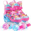 Dino Kids Toddler Roller Skates for Boys Girls,WESKIFAN Dinosaur Quad Skating Shoes with Shiny Light up Wheels&Adjustable Sizes Beginners rollerskates for Birthday Xmas Gifts (Medium-BigKid(13.5C~4Y), Pink)