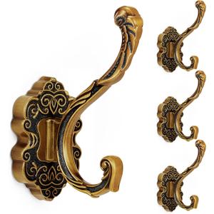 Zonon 4 Pcs Antique Gold Vintage Coat Hooks Decorative Towel Hooks for Bathrooms Antique Wall Hook for Hanging Purse Hat Keys Clothes Heavy Duty Unique French Country Curtain Holder for Wall