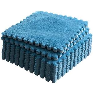 12 pcs Fluffy Soft EVA Foam Interlocking Carpet Shaggy Rugs Protective Floor Tiles Sport Play mats for Home Parlor, Bedroom, Children Kids Room (Blue)