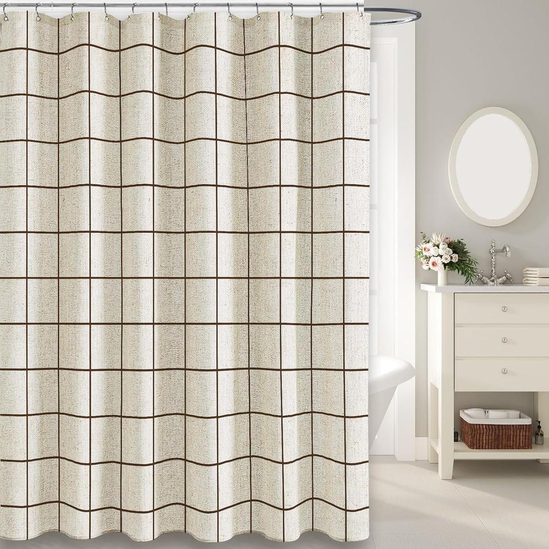 WOUVMA Farmhouse Plaid Shower Curtain Beige Linen Shower Curtains for Bathroom Natural Brown Pattern 72 x 72 Inch