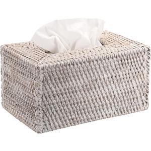 Sumnacon Tissue Box Cover Large Rectangle Tissue Box Rattan Tissue Box Holder,Wicker Decorative Tissue Holder for Bathroom Toilet Living Room Kitchen Office Table Desk,Whitewash