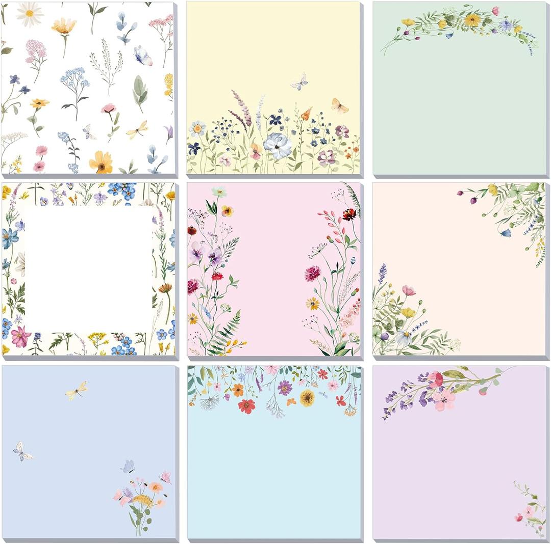 9 Pads Wildflower Sticky Notes 3x3 Inch Cute Self Stick Notepads Notes Adhesive Memo Pad Office Decor Gifts for Students School Teacher Meeting Office Supplies