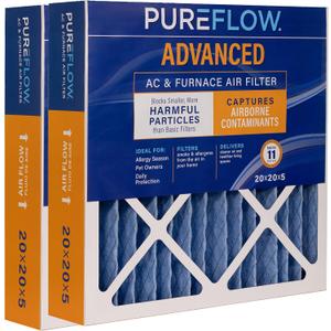 PUREFLOW Home Air Filter MERV 11, 20x20x5 Furnace Filter, 4 Layer High Efficiency Filtration for Dust, Smoke, Fumes, Pollutants (2-Pack)