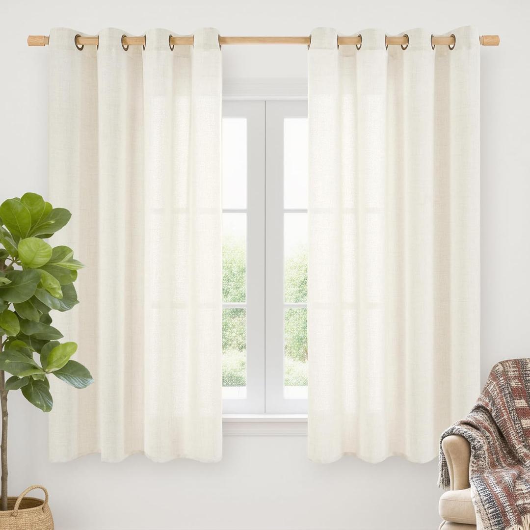 YoungsTex Ivory Linen Curtains 63 Inch Length for Living Room Window, Light Filtering Drapes Rustic Semi Sheer with Bronze Grommet Privacy for Bedroom Farmhouse Decorative, 52 x 63 Inch, 2 Panels