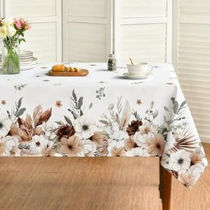 Horaldaily Spring Tablecloth 60×84 Inch Rectangular, Boho Naturalistic Style Brown Flower Washable Seasonal Table Cover for Party Picnic Dinner Decor