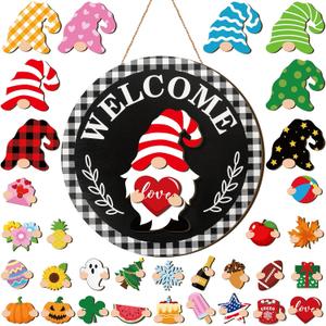 Qunclay Interchangeable Wooden Gnome Decor Holiday Seasonal Gnome Decorations with Magnet Pieces and Detachable Hats Changeable Welcome Sign for Home (Stylish)