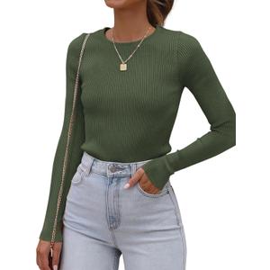 ATHMILE Womens Ribbed Knit T Shirt Casual Crewneck Tops Short Sleeve/Long Sleeve Sweaters Slim Fit Basic Tees (X-Large, Army Green)