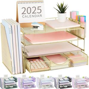 Desk Organizers and Accessories with File Holder, 4-Tier Desk Accessories & Workspace Organizers with Drawer and 2 Pen Holder, Paper Organizer for Office Supplies(Gold)