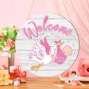 Chunful Baby Girl Door Sign Gender Reveal Welcome Sign Hanging Wreath Round Rustic Wood Farmhouse Decorations Holiday Front Door Decor for Baby Shower Porch Party Supplies