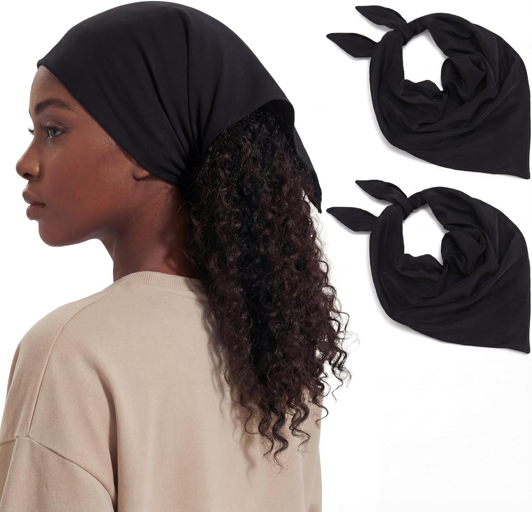 Cuffbow 2 Pcs Satin Lined Bandana Waterproof Head Scarf Non-Slip Hair Scarf Large Triangle Waterproof Rain Headband for Women Black (Black)