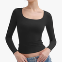 PUMIEY Women's Long Sleeve T Shirts Scoop Neck Slim Fit Going Out Tops Double Lined Basic Tee Smoke Cloud Collection, S