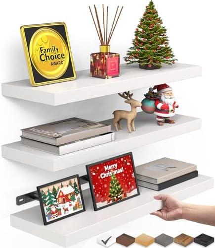 BAYKA White Floating Shelves for Wall – Rustic Wood Wall Shelves with Metal Brackets for Bathroom, Bedroom, Kitchen, or Living Room Decor Organization – Set of 3, Sturdy Storage with 22lb Capacity