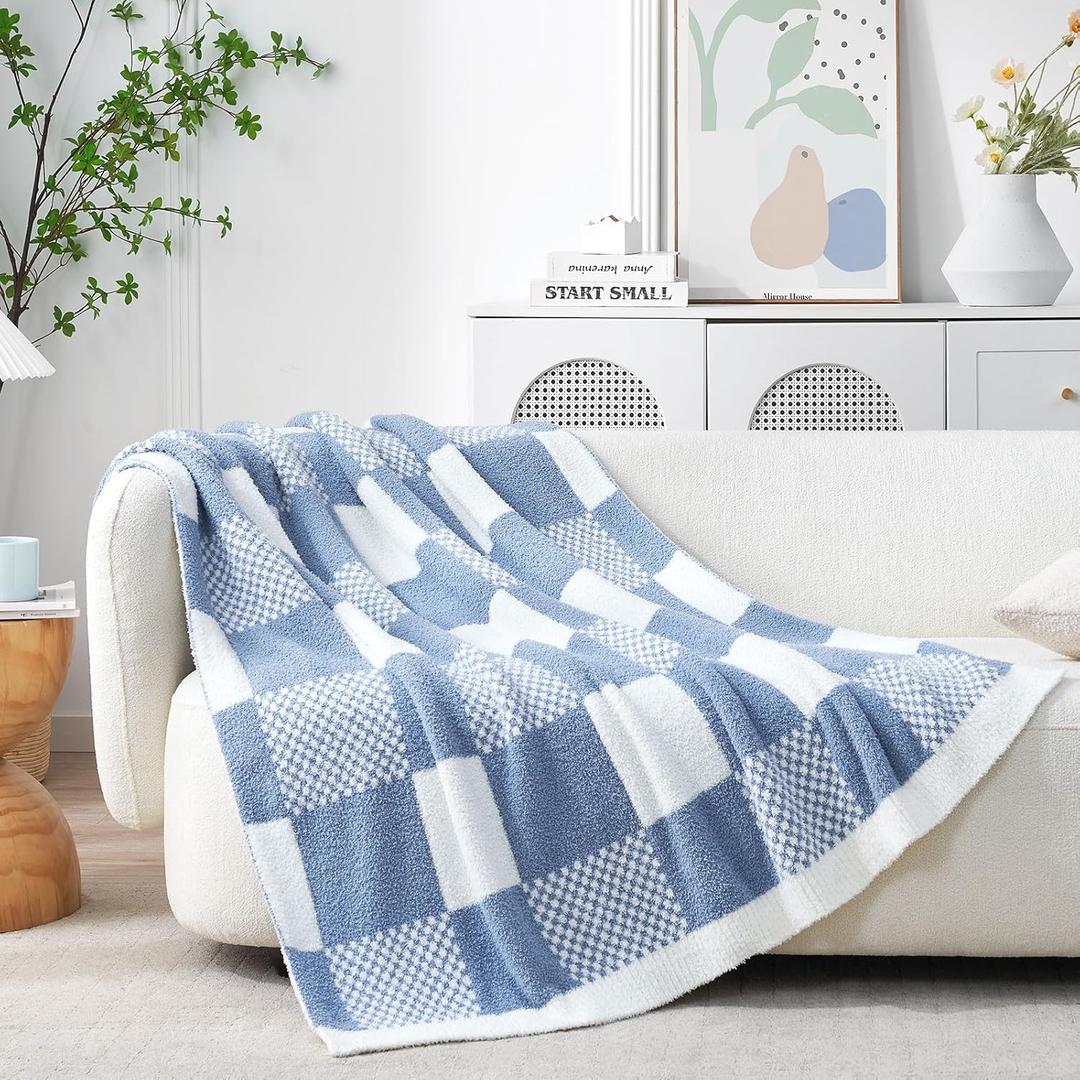 Snuggle Sac Checkered Blanket, Blue Throw Blanket for Couch Checker Microfiber Fluffy Warm Fuzzy Cozy Soft Throw Blanket Reversible Checkerered Blankets for Sofa, Chair, Bed, 60x80 inches