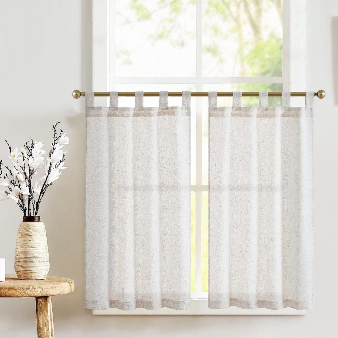 jinchan Beige Kitchen Curtains 36 Inch Linen Tier Curtains Farmhouse Tab Top Small Window Drapes Flax Country Rustic Light Filtering for Bathroom Laundry Room RV 2 Panels Crude