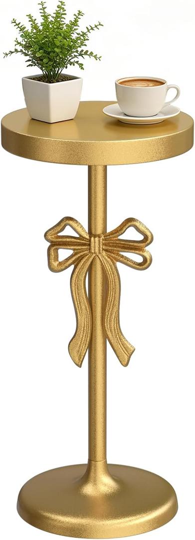 Gold Drink Table, Metal Martini Side Table - 9.9" x21.7'', Gold Small Accent Table with Bow Decoration, Pedestal End Table for Small Spaces