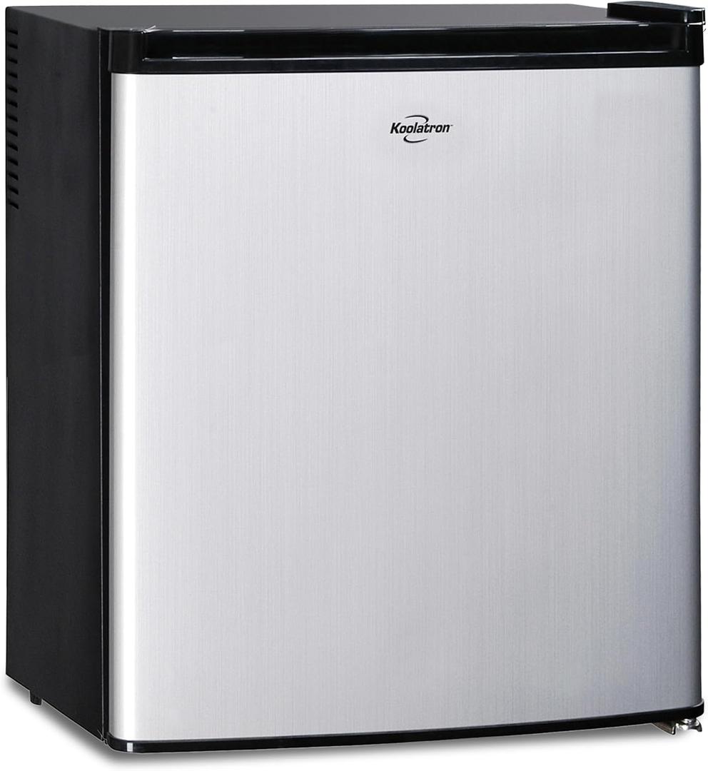 Koolatron Stainless Steel Compact Fridge with Freezer, 1.7 Cubic Feet (48 L) Capacity, Silver and Black, for Snacks, Frozen Meals, Beverages, Juice, Beer, Den, Dorm, Office, Games Room, or RV