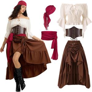UFLJPKS Renaissance Pirate Costume Women，Womens Pirate Costume with Peasant Blouse Off Shoulder Trumpet Sleeve Tops and Victorian Steampunk Skirts (Brown, Waist Belt, Bandana, M)