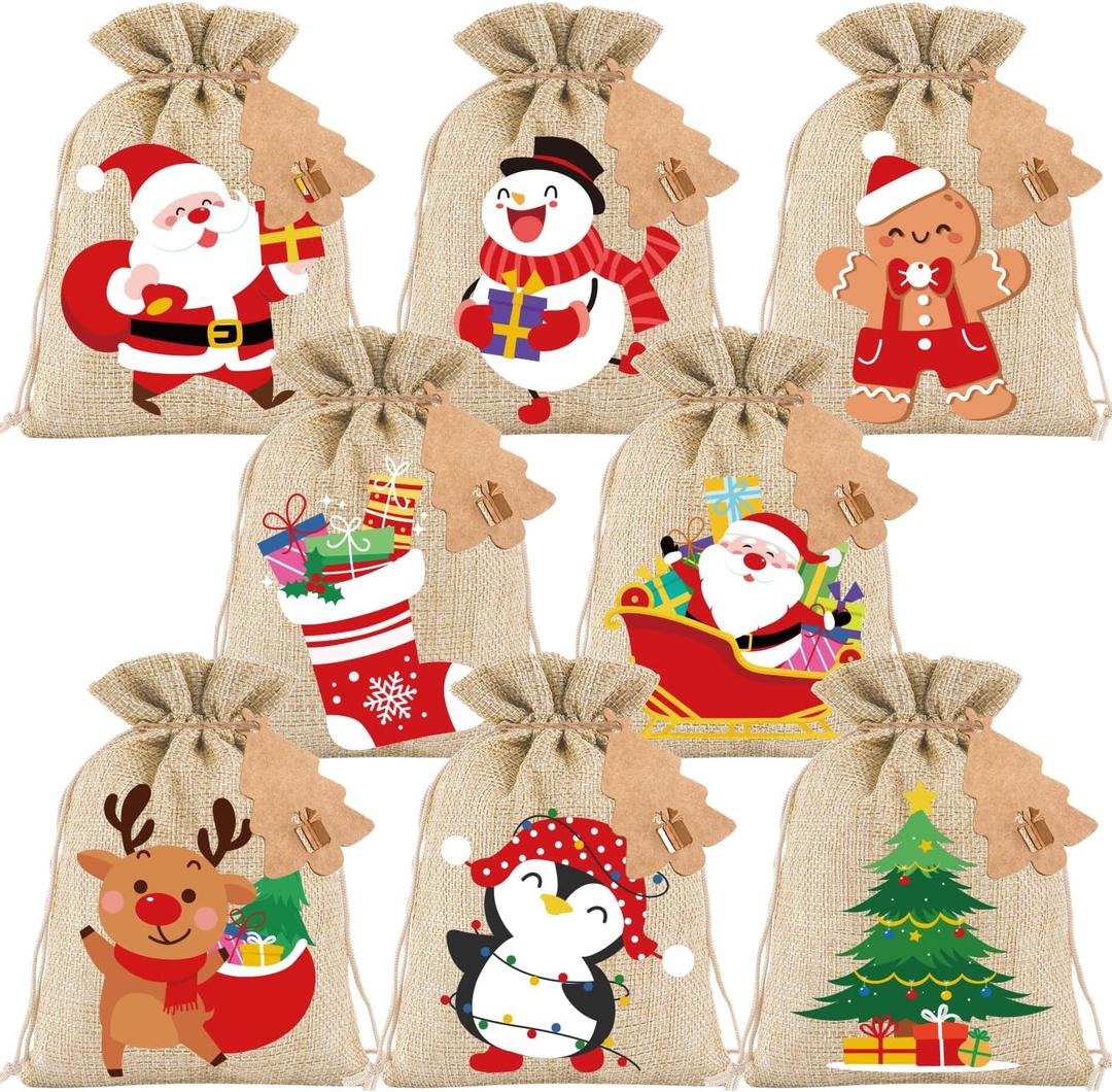 MDCGFOD 24PCS Christmas Small Burlap Bags, 5x7in Christmas Drawstring Treat Bags, Xmas Red Plaid Linen Gift Reusable Candy Goodie Wrapping for Holiday Party Favors Supplie (Brown)