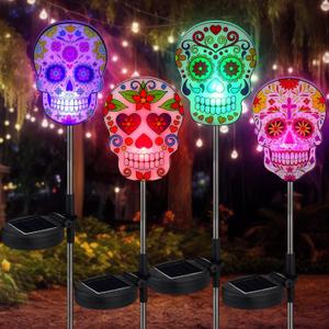 Retisee 4 Pack Day of The Dead Sugar Skull Solar Lights with Stakes Outdoors Skull Solar Yard Decorations Waterproof Lights for Halloween Outdoor Garden Lawn Patio Porch Pathway Decor Favors