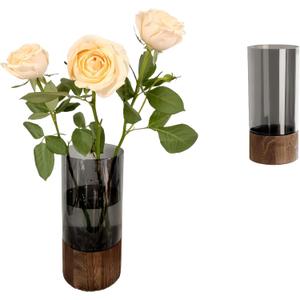 Shatterproof Acrylic Flower Vase with Wood Base10H*4.7''W Modern Table Centerpiece for Home Office Decor, Holds Fresh/Dried Stems, Lightweight&Stable, Present for Housewarming Christmas (Cylinder) (Cylinder Black Transparent)
