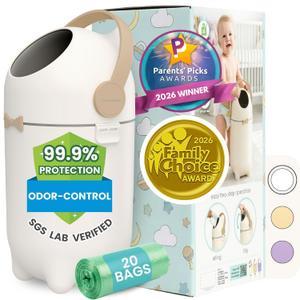 iTouchless Odor-Locking Diaper Pail - 2026 Award-Winning Ag+ Silver Ion Nursery Bin - Fits Any Bag, No Refills Needed - Includes 20 Leak-Proof Bags (Hold 300 Diapers) - Boho White Baby Registry Gift