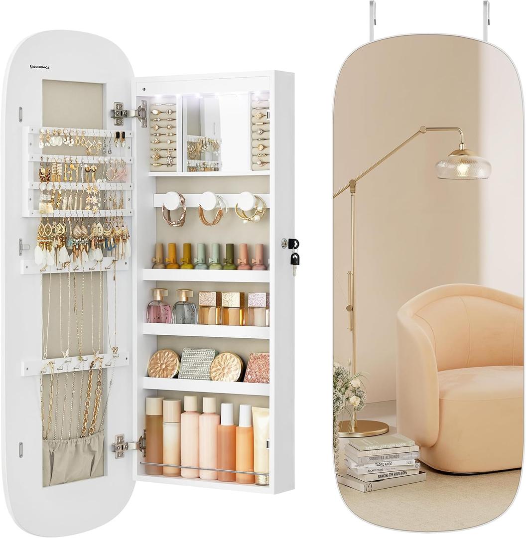 SONGMICS Jewelry Organizer, LED Jewelry Cabinet Wall/Door Mounted, Lockable Rounded Wide Mirror with Storage, Interior Mirror, 3.9 x 16.5 x 42.5 Inches, White Surface with Greige Lining