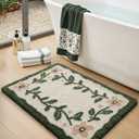 Floral Bathroom Rugs 32x20, Green Leaf Bathmat Non Slip, Washable Absorbent Quick Dry Bath Mat, Soft Plush Microfiber Cute Pink Flower Shower Rug for Shower Floor, Tub, Sink, Beige