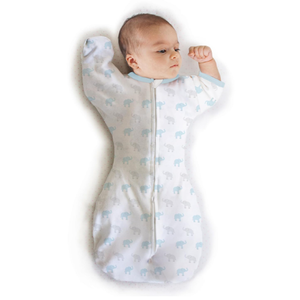 Amazing Baby - Transitional Swaddle Sack - Arms Up 1/2-Length Sleeves & Mitten Cuffs, Tiny Elephants, Sterling, Size Small 0-3 MonthsOld, White With Elephants 