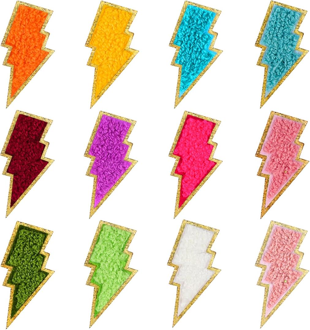 12 PCS Golden Edges Lightning Bolt Iron On Patch Bolt Patch, Iron On Self Adhesive Embroidered Patches for Hats, Bags, Jackets, DIY Clothing Accessories