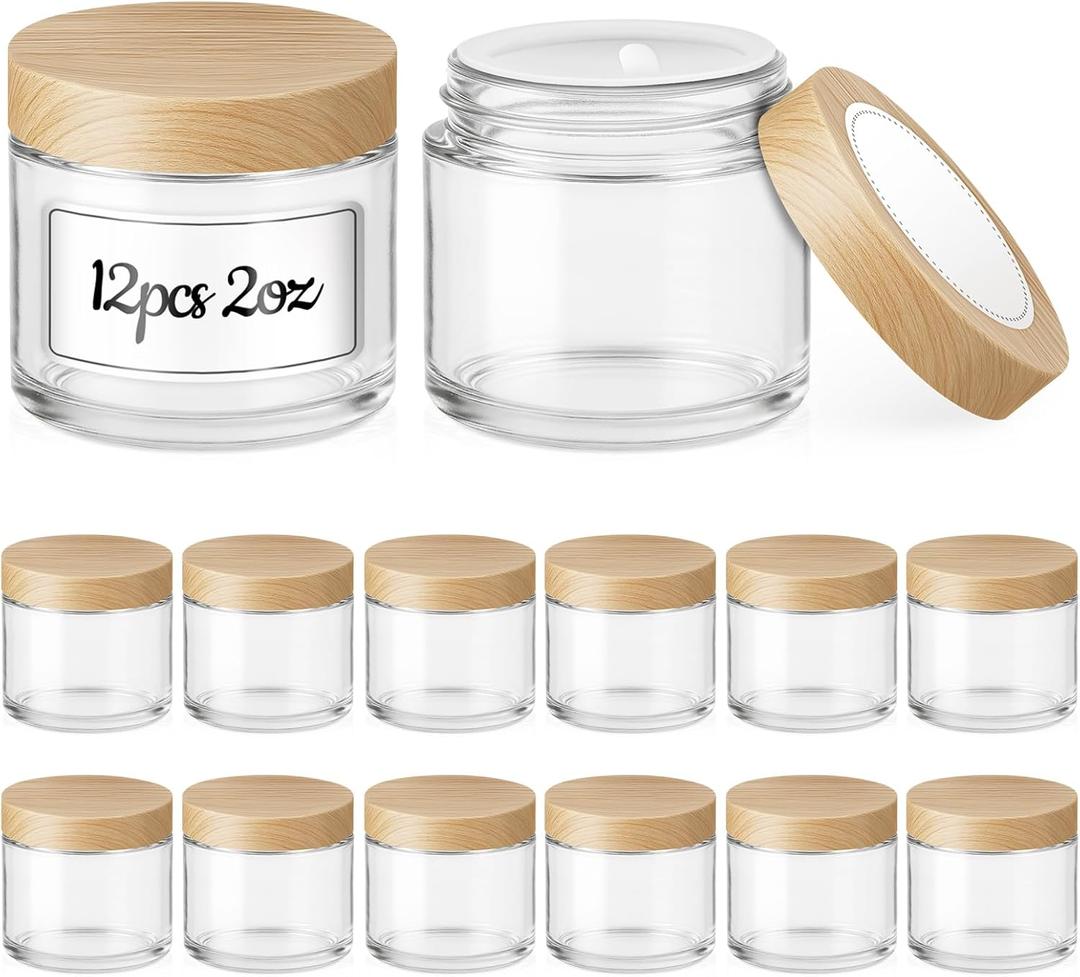 12 Pack 2 OZ Glass Jars with Lids, Small Glass Containers with Plastic Woodgrain Lids & Inner Liners, Reusable Travel Containers for Creams, Makeup, Lotion, Cosmetic, Ointment