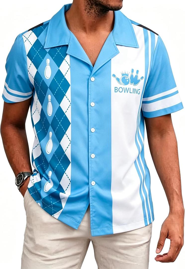 Hawaiian Bowling Shirts Men Retro Funny Sport Bowler Shirt Beach Summer Tee Tropical Vacation Button Down Short Sleeve Tops (Blue, M)