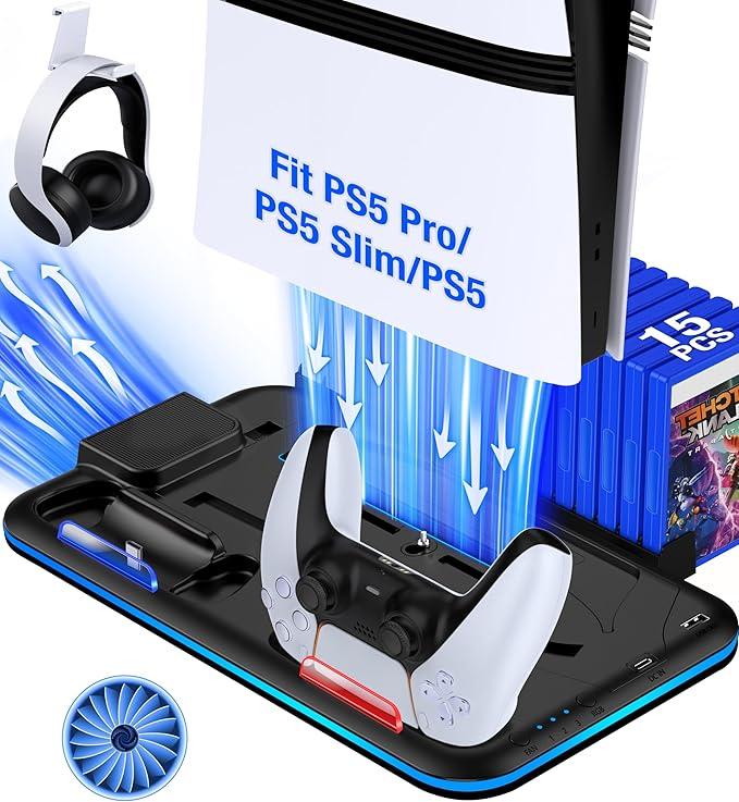 Kawaye PS5/Slim/Pro Stand and Cooling Station for PlayStation 5 Consoles, PS5/Pro/Slim Accessories with 3Level Cooler Fan, PS5 Controller Charger, Cooling Satnd, Headset Holder, 15 Game Slots, Black