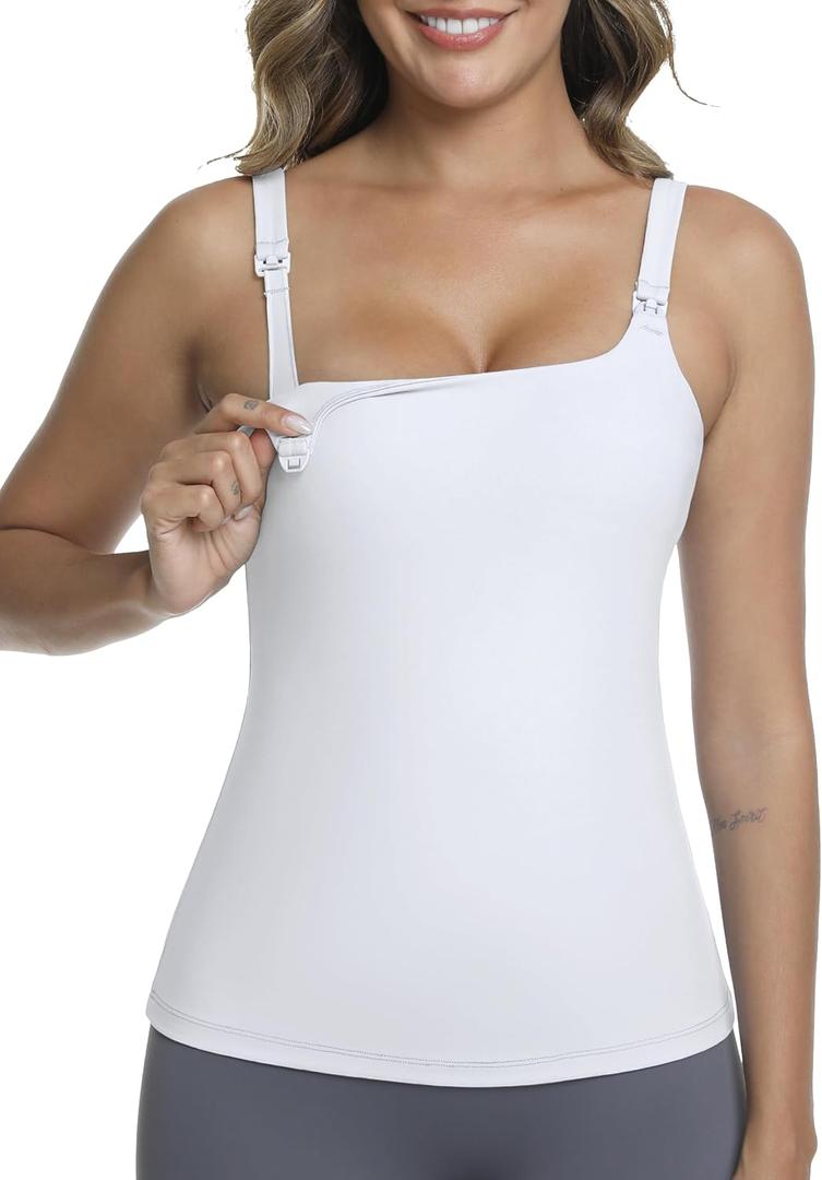 Nursing Tank Tops for Breastfeeding Square Neck Pregnancy Yoga Workout Shirt Camisole with Built in Bra (White, Large)