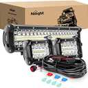 Nilight LED Light Bar Set, 12 Inch 300W Triple Row Spot Flood Combo Work Driving Lamp, 2 Pcs 4 inch 60 W with Wiring Harness for Off road ATV Boat Lighting