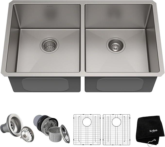 KRAUS Standart Pro 33 -inch Undermount 50/50 Double Bowl 16 Gauge Stainless Steel Kitchen Sink, KHU102-33
