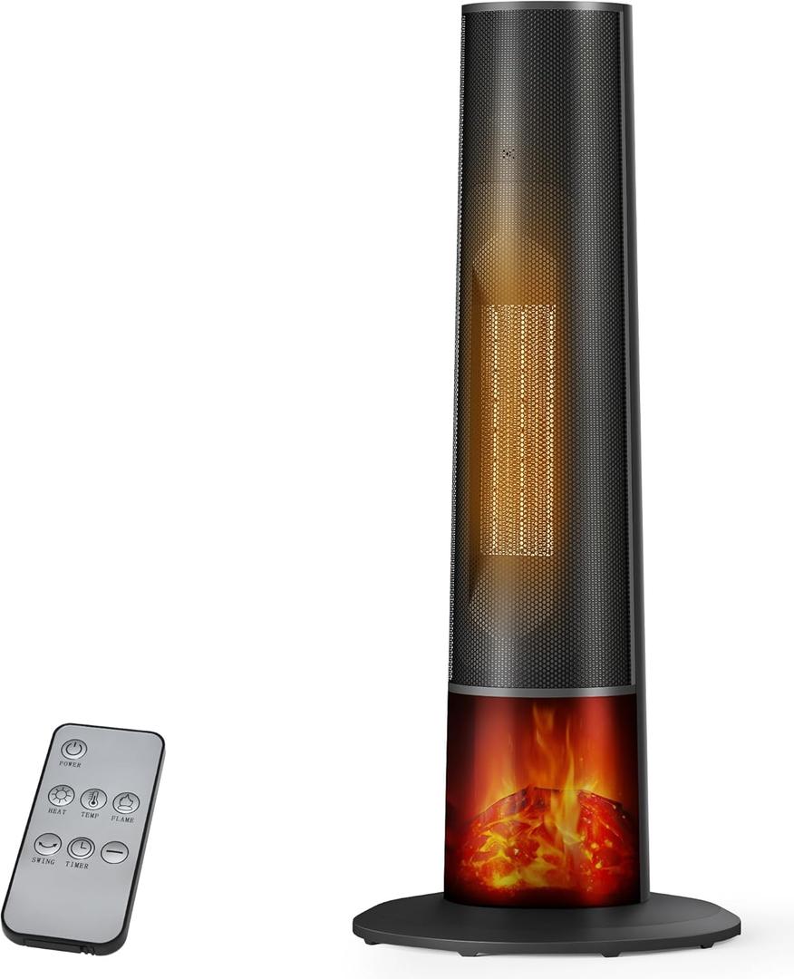 Space Heater for Indoor Use - 25" Tower Portable Heater with 3D Flame, Remote, Adjustable Thermostat, 2 Heat Modes, Multiple Safety Protection, 12H Timer, Quiet Electric Heater for Large Room