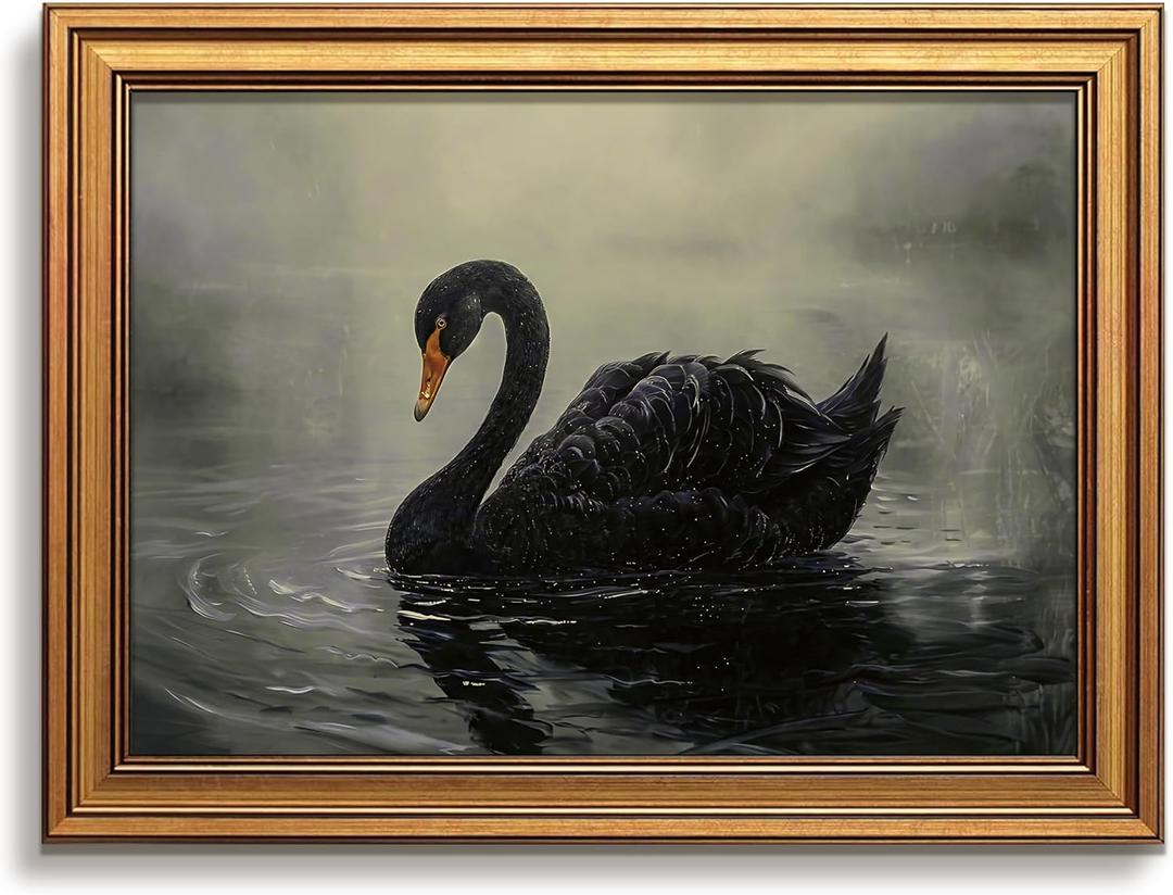 Vintage Gold Framed Wall Art Black Swan Pictures Dark Academia 12x16 Inch