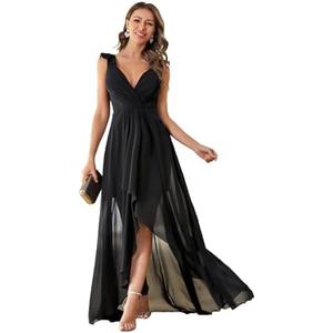 MIMIFINA Women's Elegant V Neck Pleat Sleeveless Chiffon Ruffled Straps High-Low Hem Party Maxi Formal Dress, Size XL