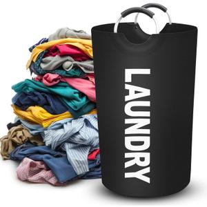 90L Large Laundry Basket, Collapsible Laundry Bag, Freestanding Tall Clothes Hamper, Foldable Washing Bin (Black)