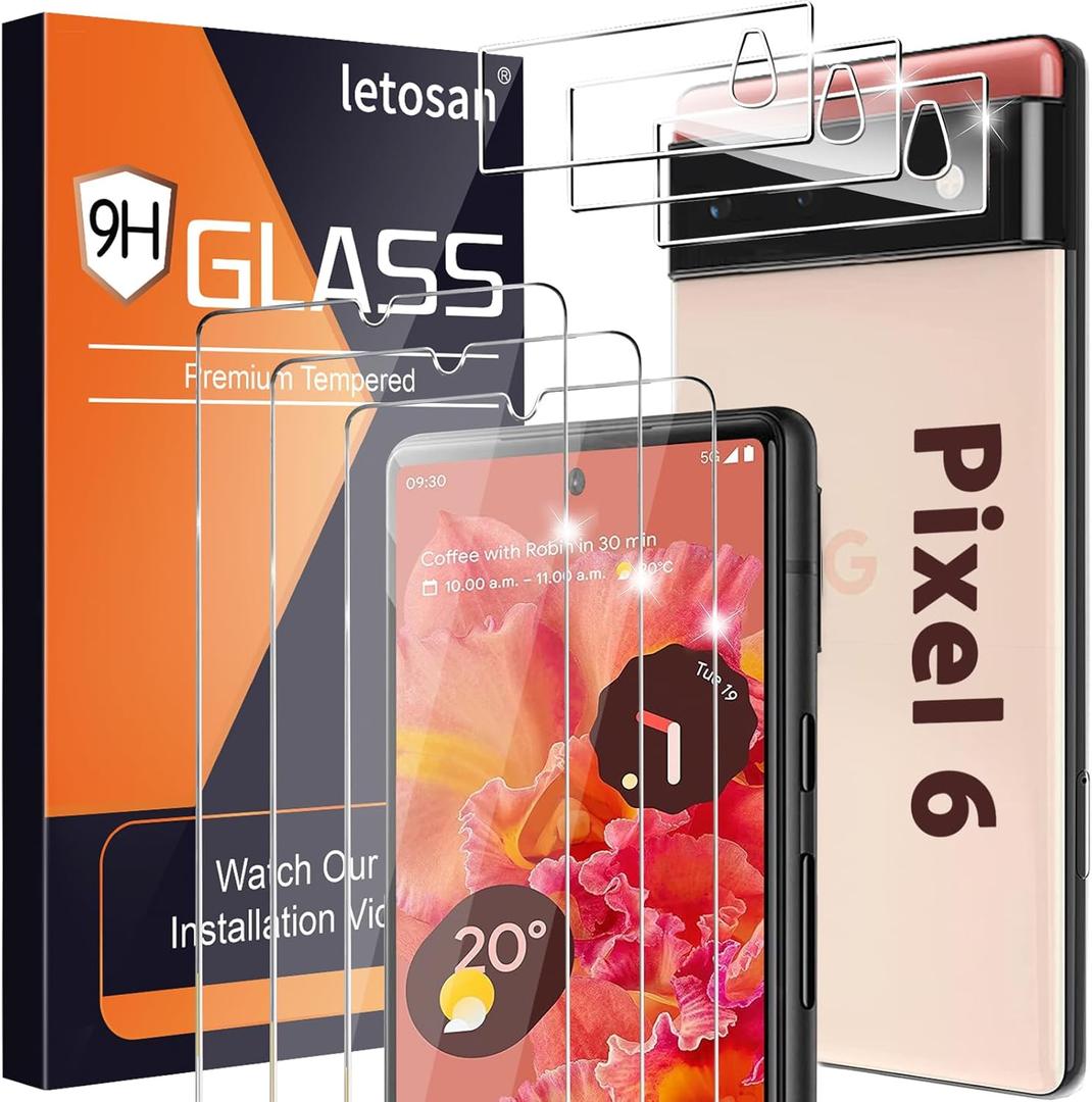 letosan 3 Pack for Google Pixel 6 Screen Protector Tempered Glass + 3 Pack Camera Lens Protector, Military Grade Shatterproof, 9H Hardness, Fingerprint Unlock,Case Friendly 6.4 Inch