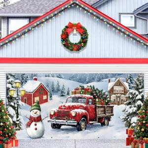 Christmas Garage Door Cover Decorations 7x16ft Winter Rruck Snowman Village Snow Backdrop Banner Merry Xmas Holiday Party Background Murals Decor Outdoor Polyester Fabric