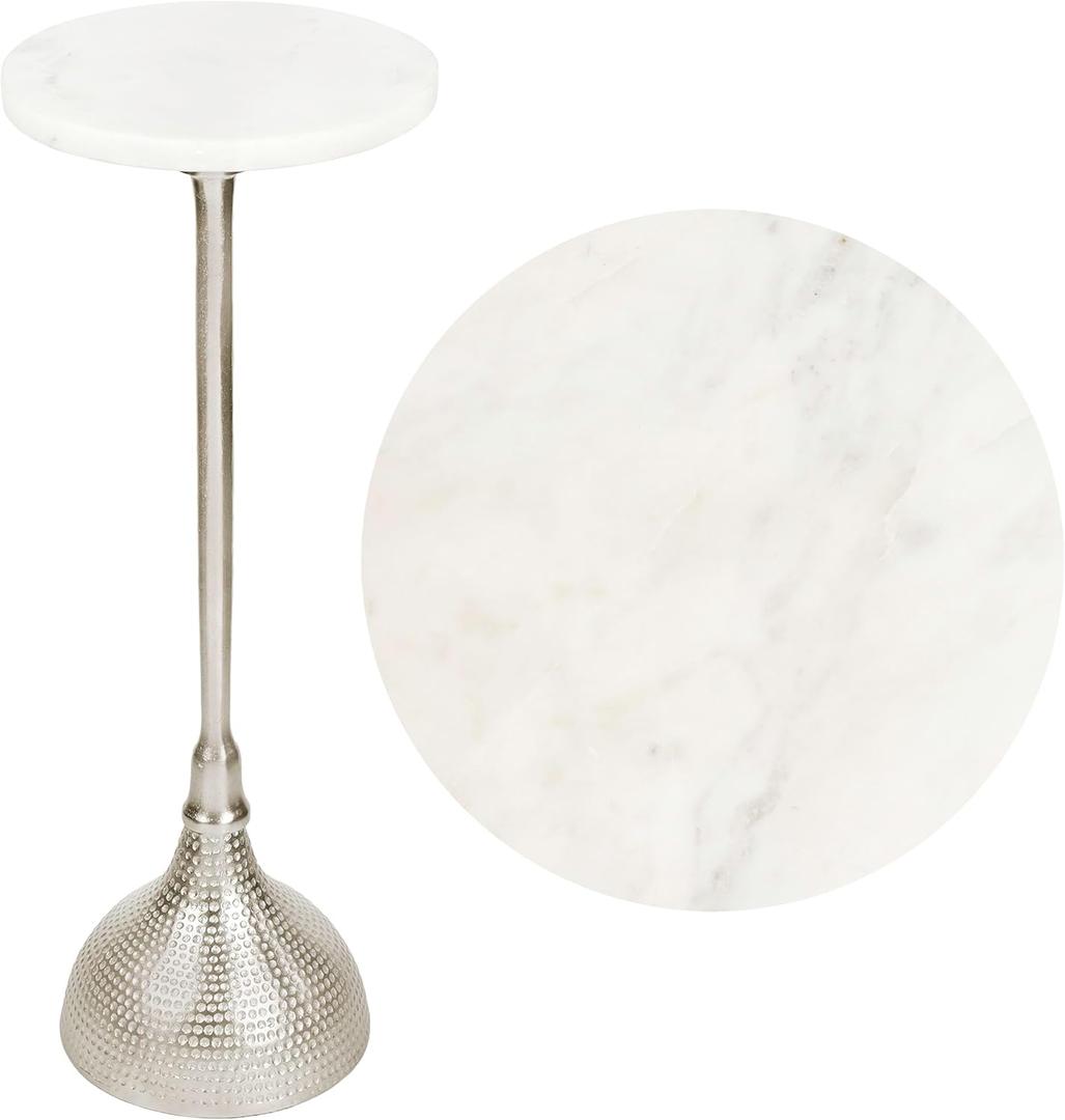 JONATHAN Y Ava 23.75" Round White Marble Top Pedestal Drink Table, Nickel