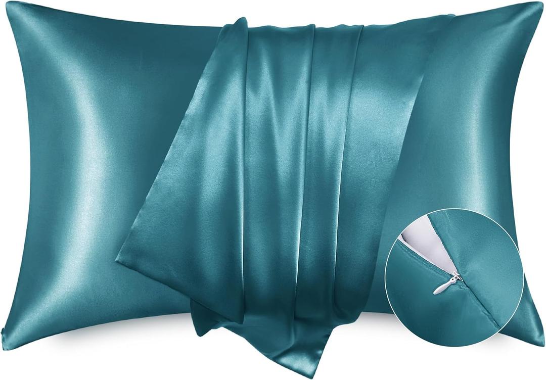 Bedsure Satin Pillowcase for Hair and Skin - Teal Zipper Pillow Cases Queen Size Set of 2, Similar to Silk Pillow Cases, Silky & Super Soft, Gifts for Women Men, 20x30 Inches