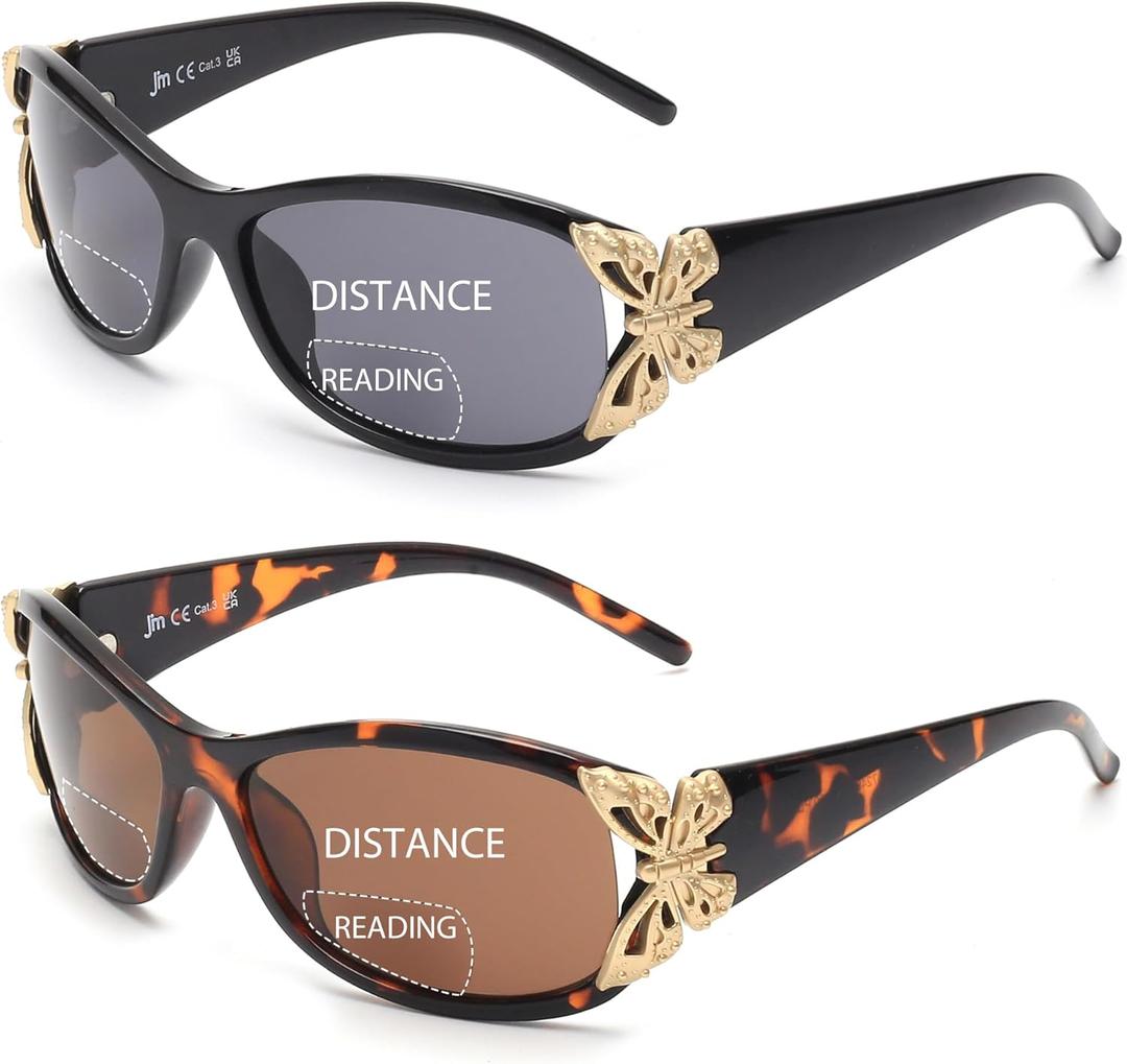 JM 2 Pack Bifocal Reading Sunglasses for Women Fashion Sun Readers Outdoor Reading Glasses UV400 Protection (Black & Tortoise)