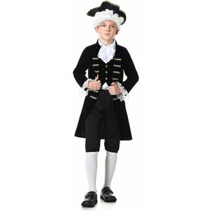 LMYOVE Colonial Costume for Boy, George Washington Costume Set, Historical Founding Fathers Halloween Outfit 6PCS (L(7-9Y), Black)