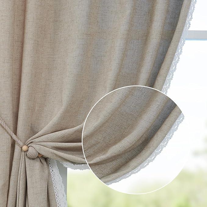 jinchan Linen Curtains for Living Room Bedroom Light Filtering Semi Sheer Curtains Boho Farmhouse French Country Cottage Core Decor Window Drapes Back Tab 84 Inch Length Laced Taupe