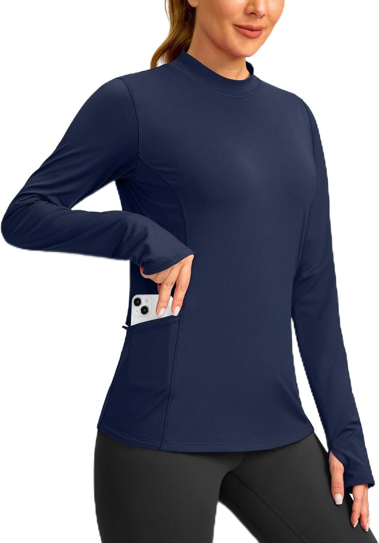 SANTINY Long Sleeve Thermal Shirts for Women Fleece Mock Neck Tops Winter Workout Running Gear with Zipper Pockets (Large, Navy)
