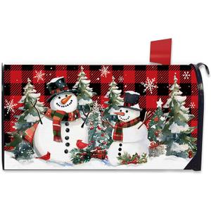 Christmas Snowman Mailbox Cover Magnetic Standard Size 20.5" x 18", Xmas Tree Buffalo Plaid Cardinal Decorative Post Letter Box Wrap Decor, Winter Holiday Garden Yard Outdoor Decoration