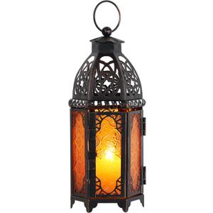 DECORKEY Moroccan Lanterns Decorative Indoor & Outdoor, 11 Medium Size Vintage Metal Hanging&Tabletop Candle Holder Decor, Halloween Christmas Ramadan Decorations for Home Porch Patio (Amber)